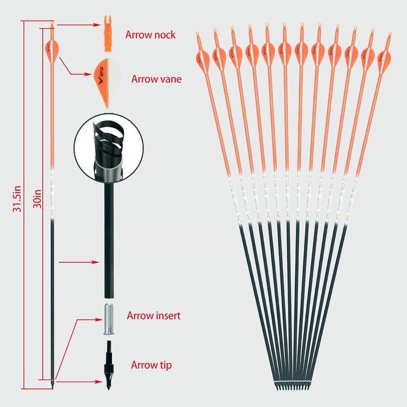SP.G Archery Arrows for Compound Bow - 30 Inch Arrows for Compound Bow, 500 Spine Carbon Compound Arrows for Recurve Bow Shooting Hunting 12 Packs - Image 2
